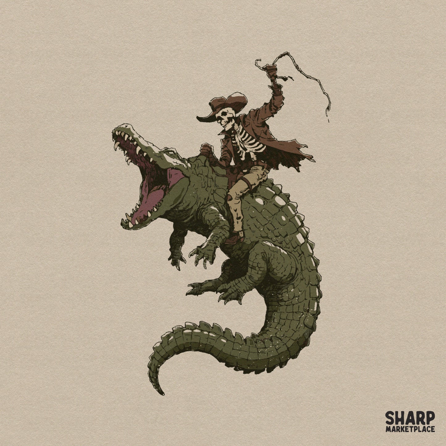 Gothic skeleton cowboy riding a crocodile spooky western png design for Halloween shirts