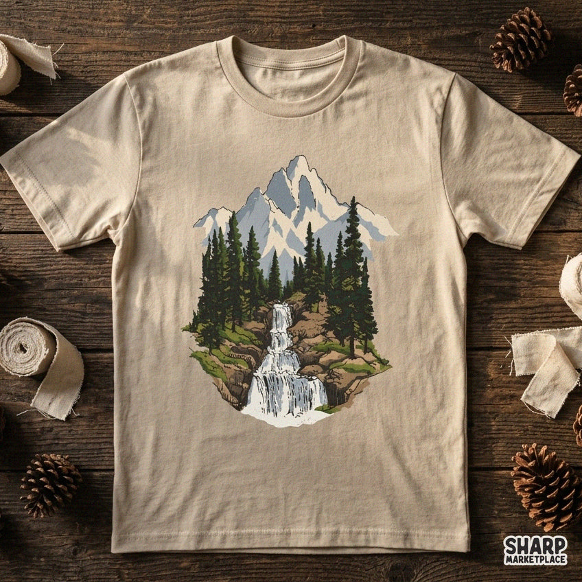 Snowy mountain peak with tiered waterfall and pine forest retro shirt graphic png design for fall camping