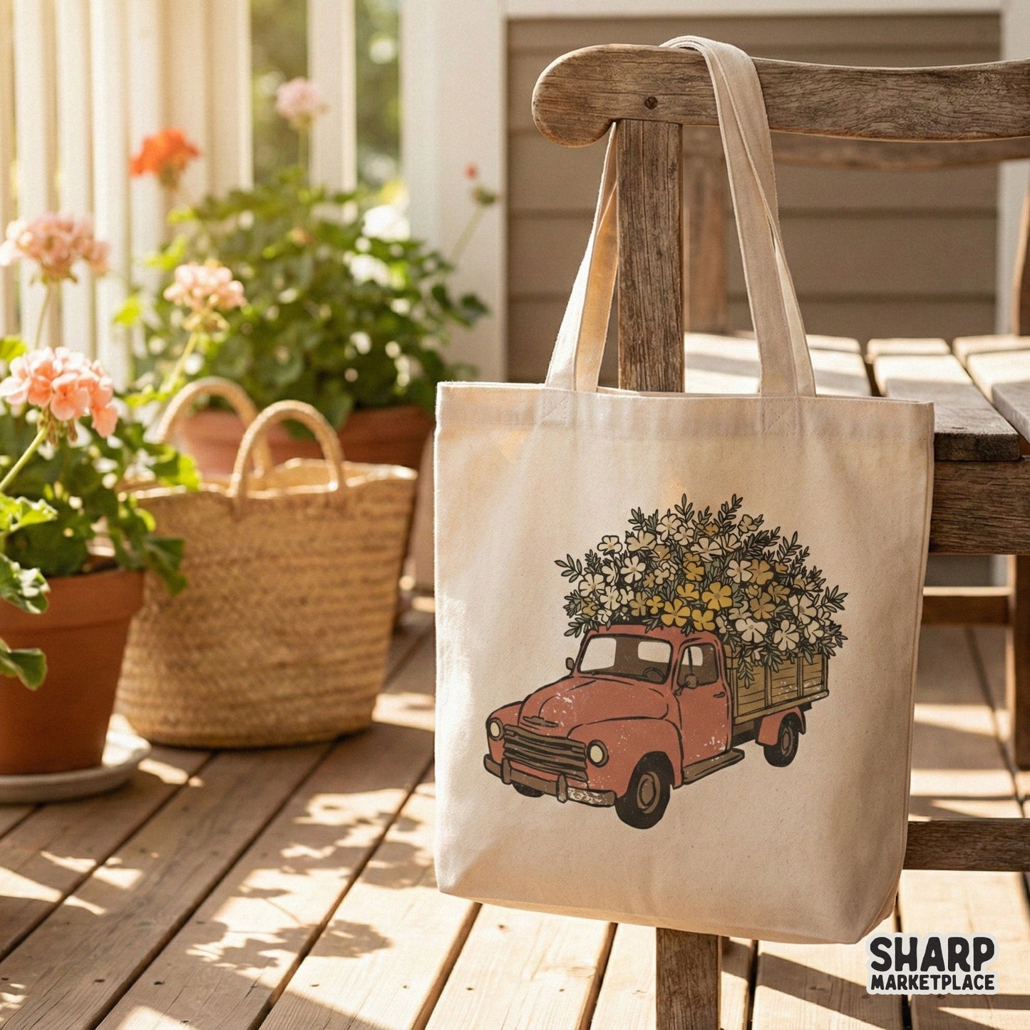 Rustic floral pickup truck graphic in muted earth tones, ideal for spring-themed sublimation transfers, stickers, and farmhouse style home decor projects.