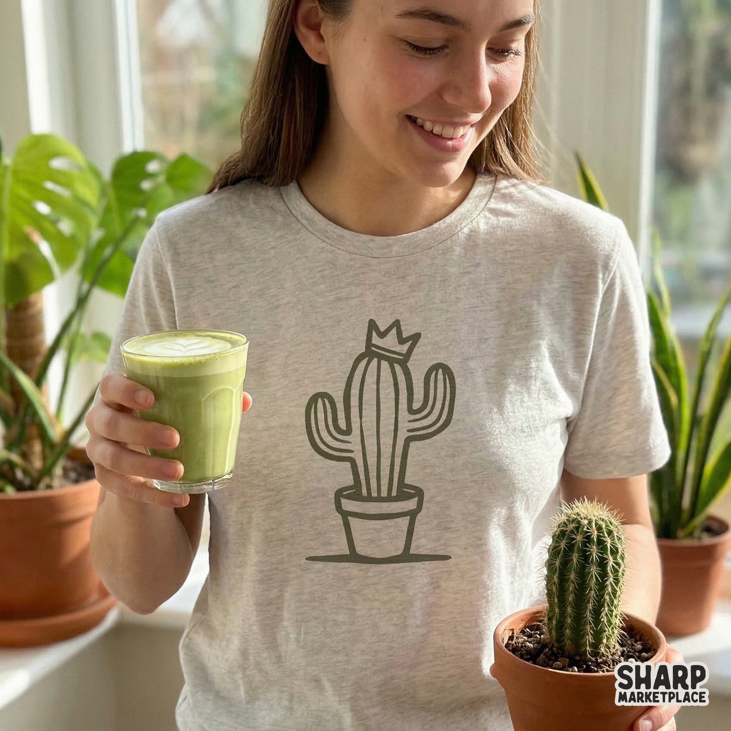 Retro style cactus illustration with a crown and empowering text, shown on a heathered t-shirt as a printable sublimation or DTF transfer design.