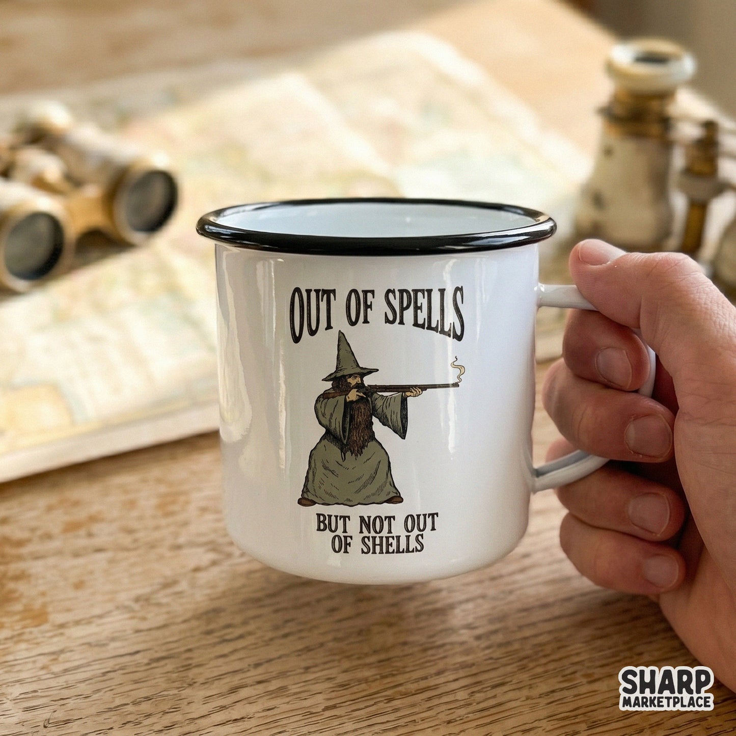 Funny wizard with a shotgun graphic in a muted color palette, designed for print-on-demand apparel, heat transfers, and humorous fantasy-themed crafts.