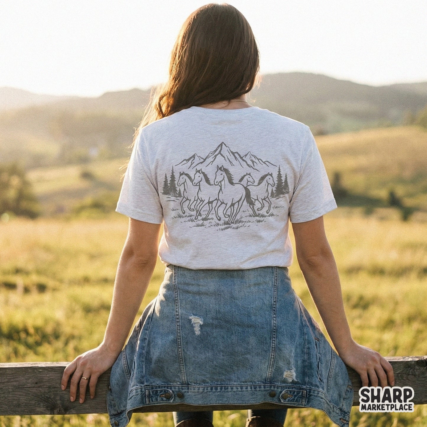 Detailed digital illustration of a herd of horses galloping across a rustic landscape with evergreen trees and mountains, perfect for sublimation.