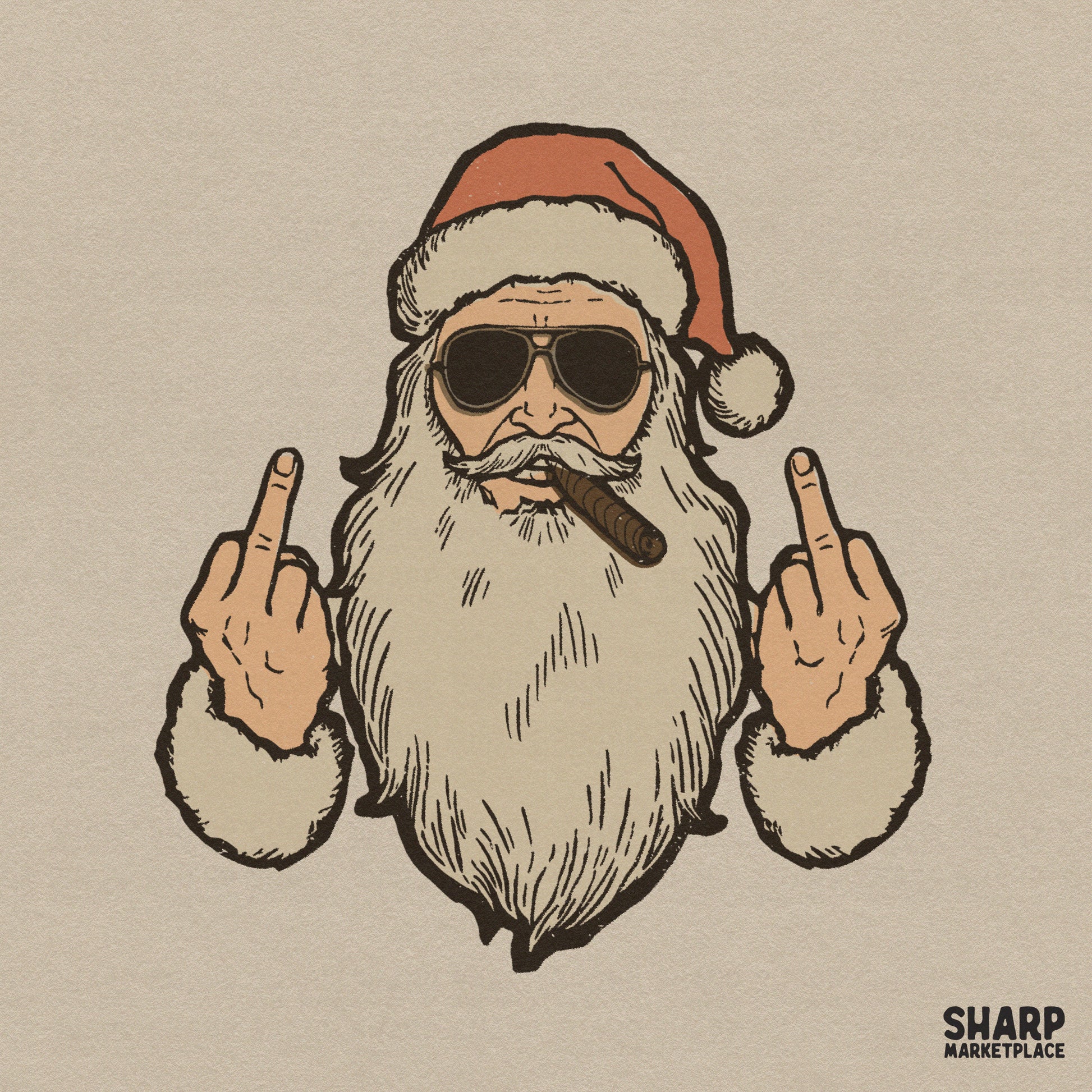 Retro vintage bad Santa flipping the bird smoking a cigar for funny Christmas PNG sublimation and holiday shirt designs