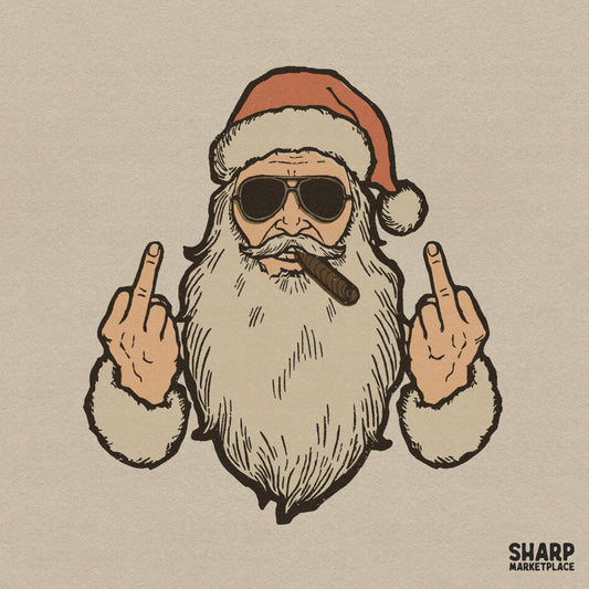 Retro vintage bad Santa flipping the bird smoking a cigar for funny Christmas PNG sublimation and holiday shirt designs