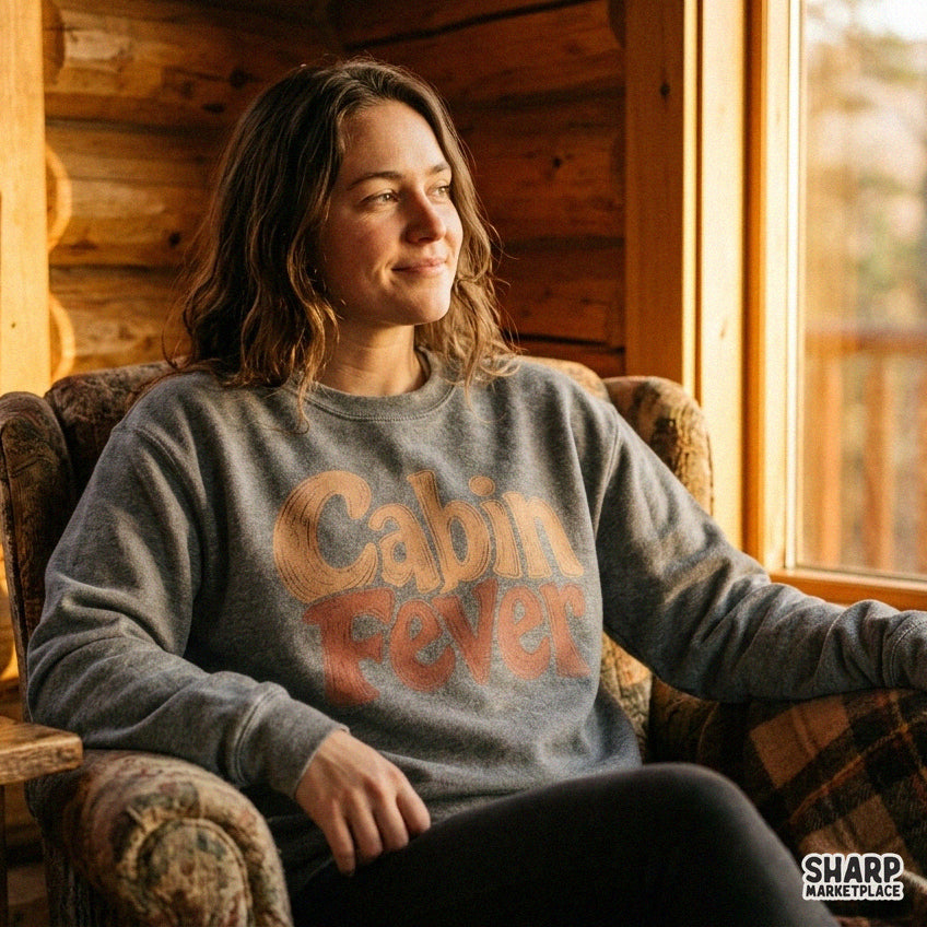 Retro 70s typography Cabin Fever PNG graphic with wavy lettering for vintage camping and cozy winter t-shirts