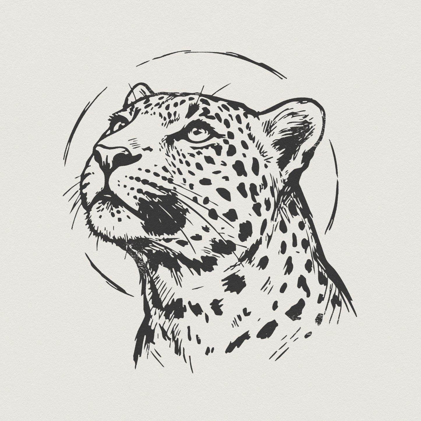 Hand drawn leopard line art PNG with a fierce big cat gazing upward, featuring detailed spots and a minimalist circular frame for sublimation.