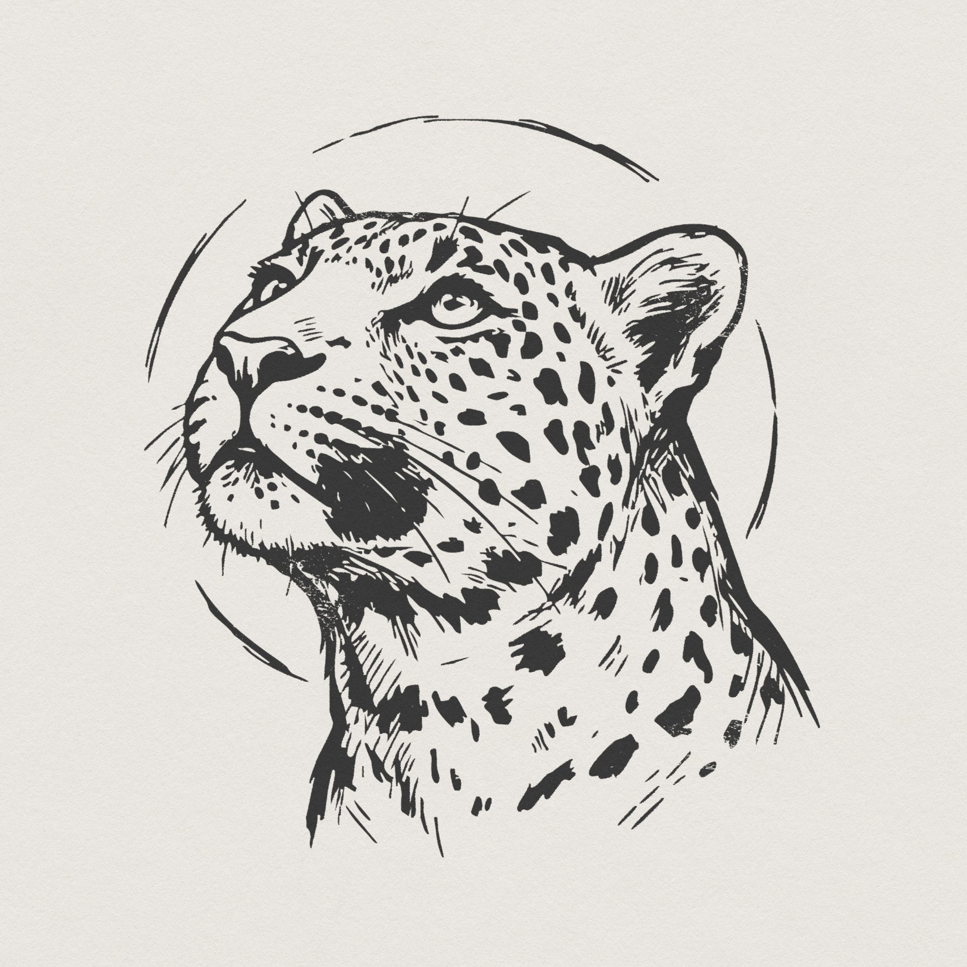 Hand drawn leopard line art PNG with a fierce big cat gazing upward, featuring detailed spots and a minimalist circular frame for sublimation.