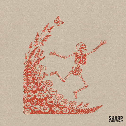 Playful skeleton running through floral garden cute spooky season Halloween PNG sublimation design for shirts