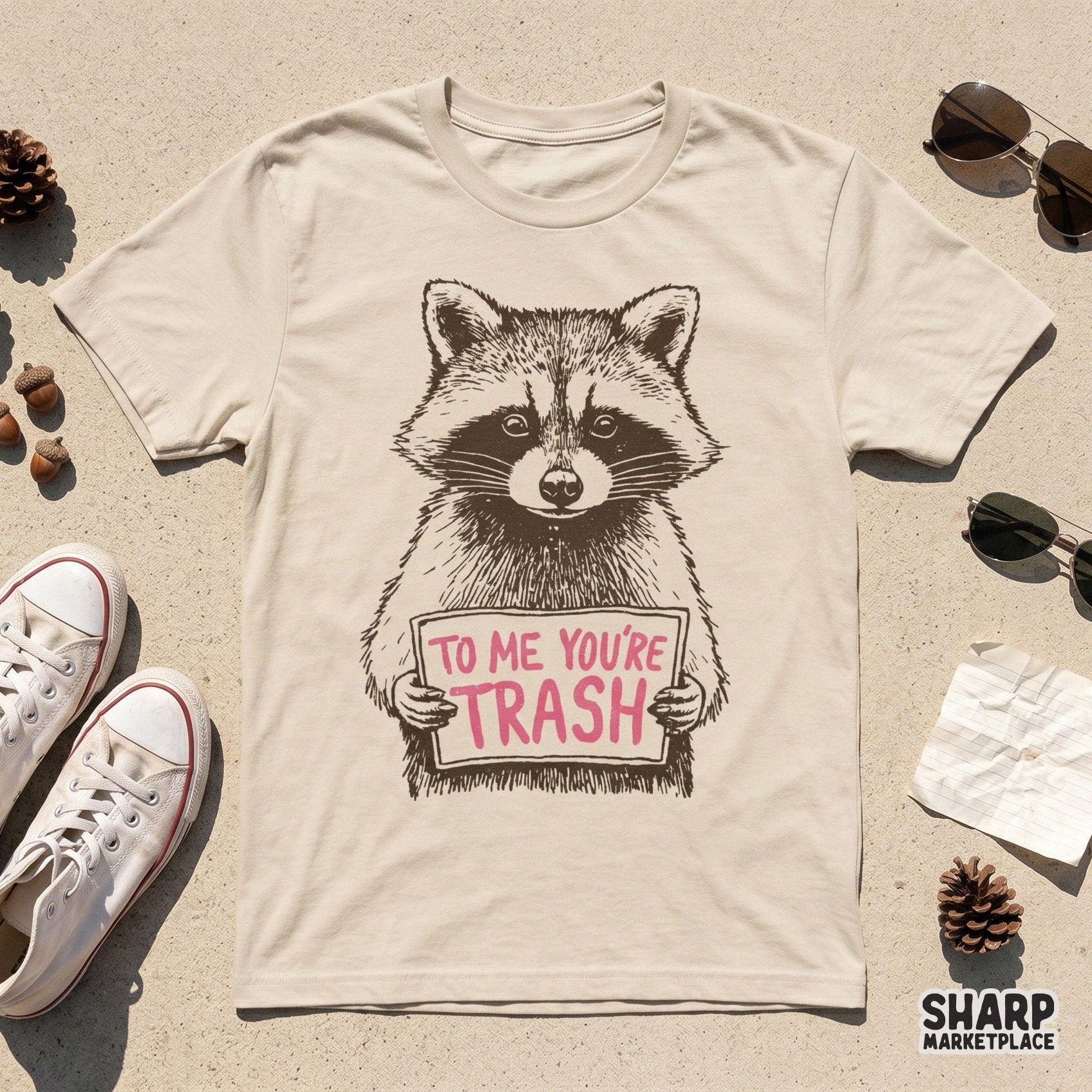 Detailed line-art raccoon holding a sign with witty text, designed as a transparent PNG for versatile use on tumblers, stickers, and apparel printables.