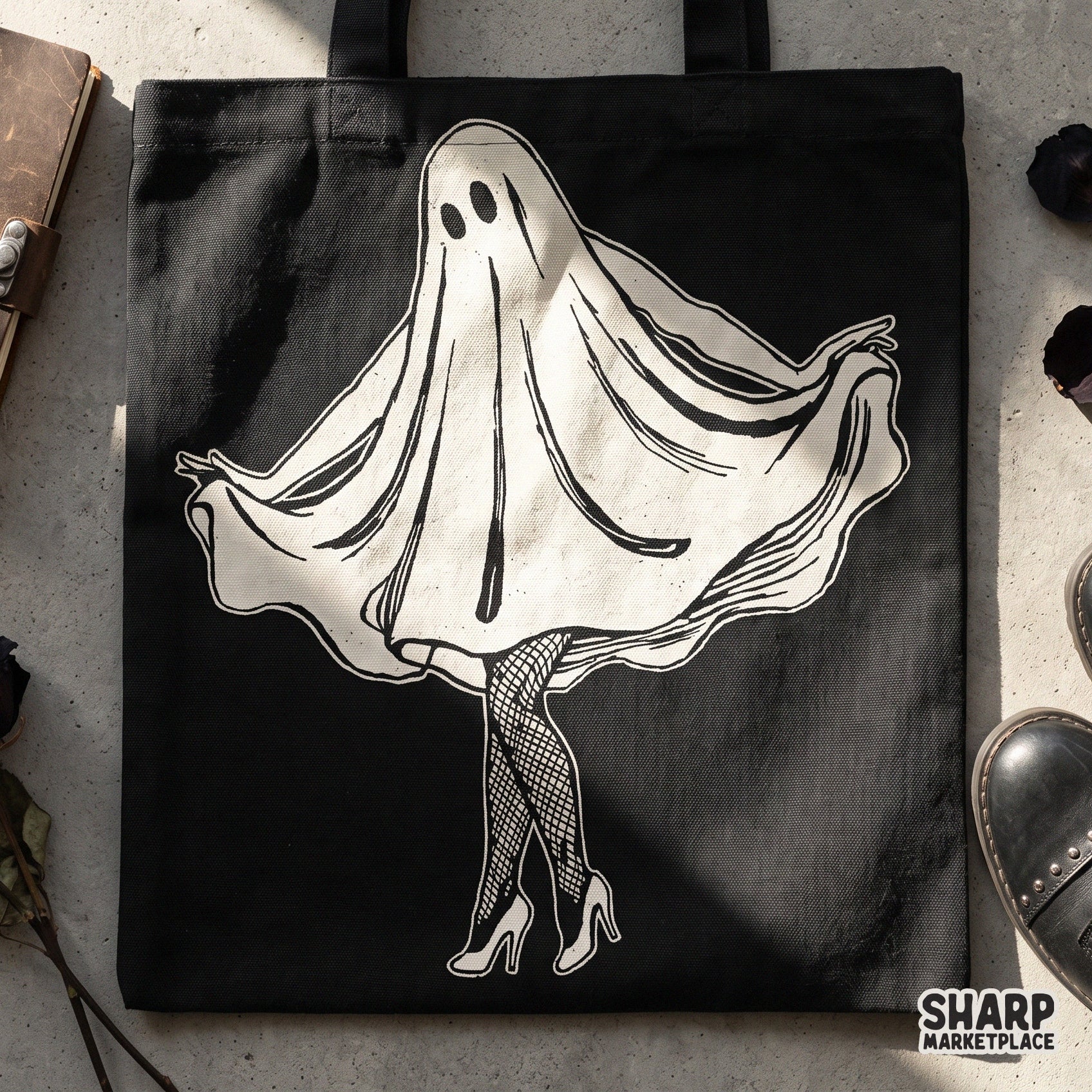 Sassy ghost wearing fishnets and high heels illustration for a spooky shirt Halloween png design