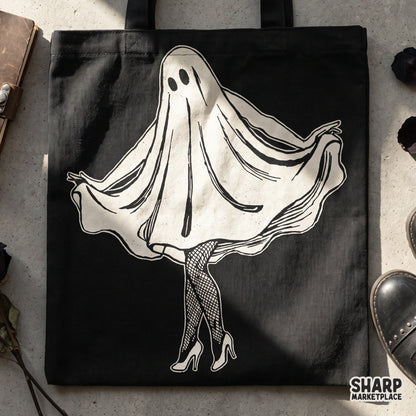 Sassy ghost wearing fishnets and high heels illustration for a spooky shirt Halloween png design