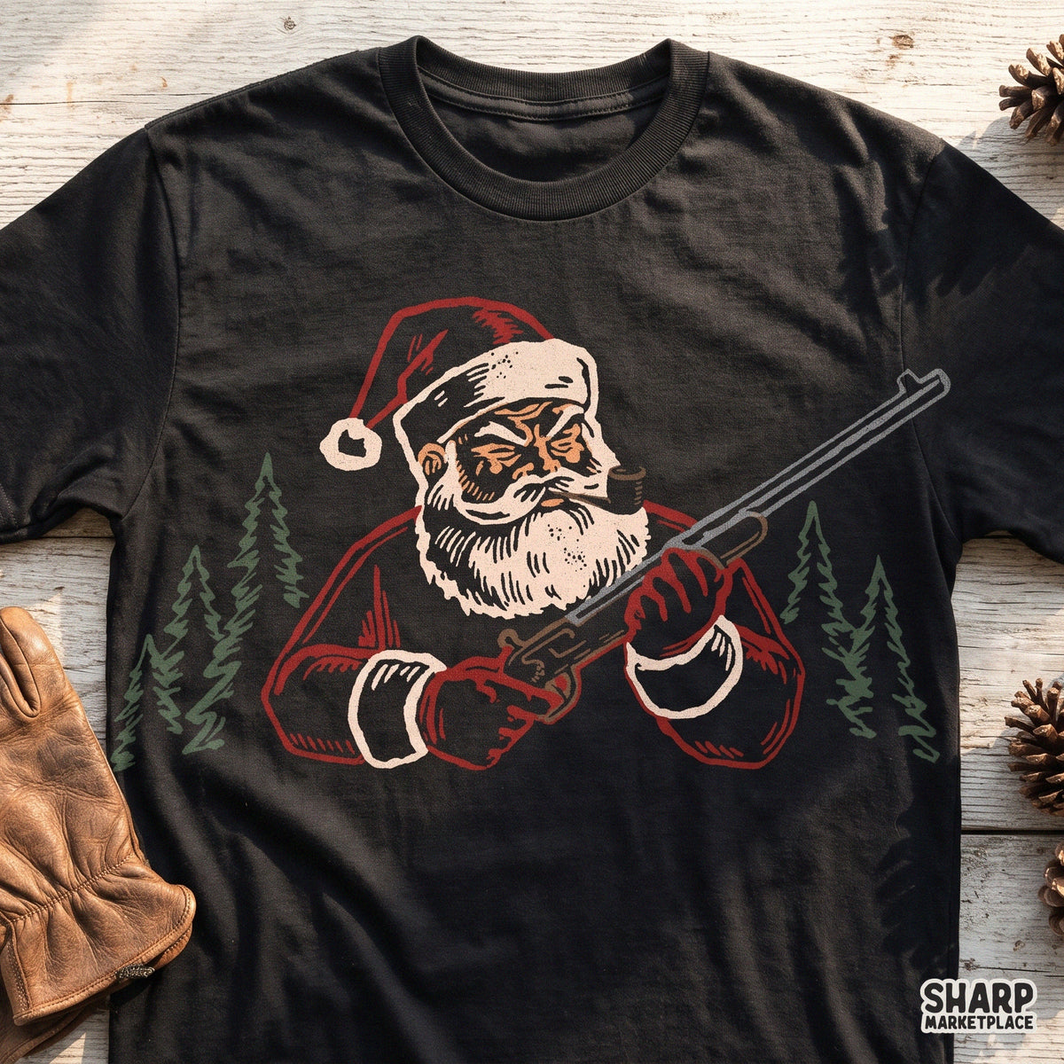Vintage Santa Claus hunter with shotgun and pipe in retro woods style for Christmas sublimation apparel gifts