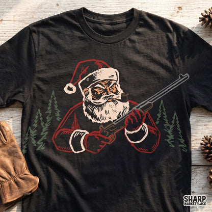 Vintage Santa Claus hunter with shotgun and pipe in retro woods style for Christmas sublimation apparel gifts