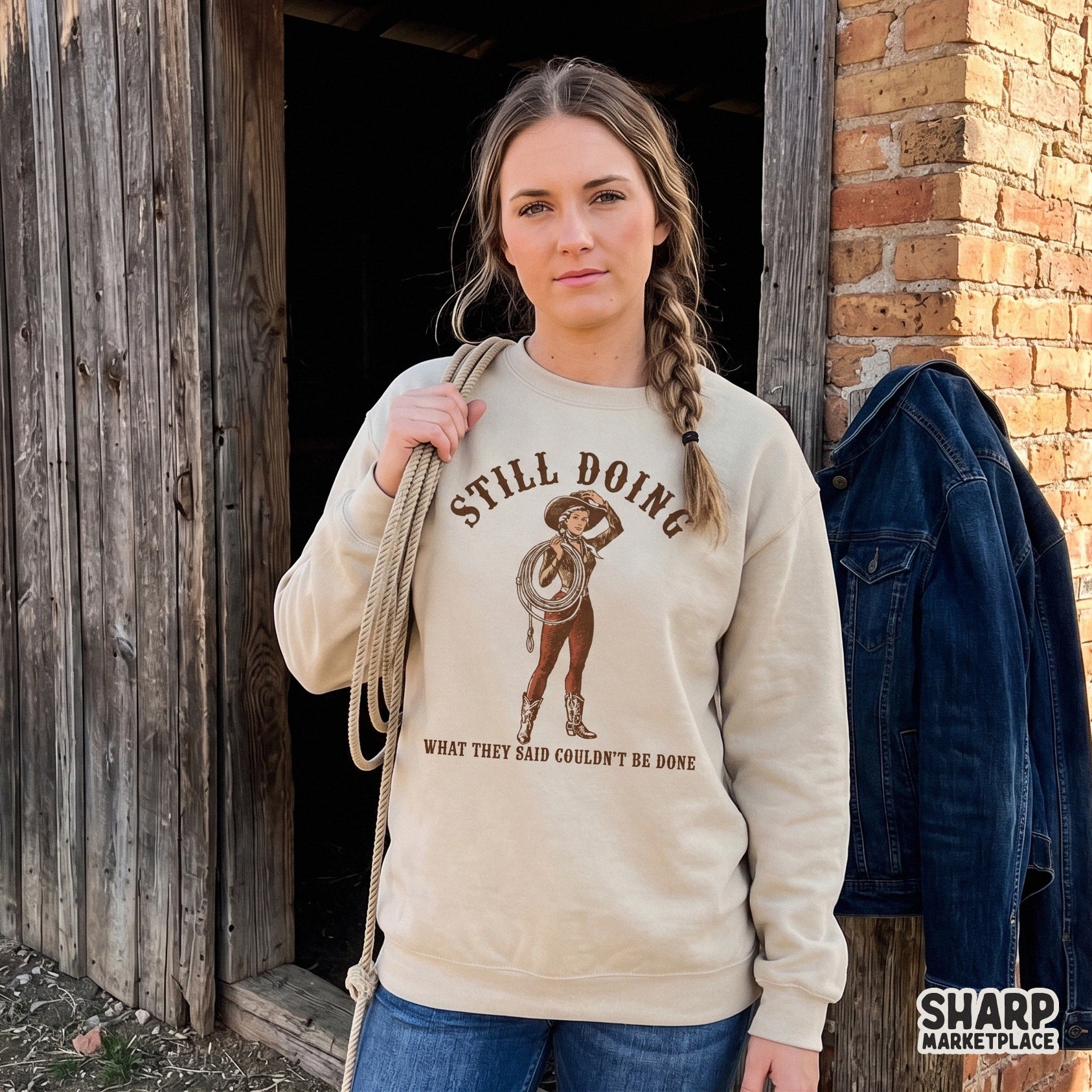 Retro cowgirl lasso graphic with funny quote for country sublimation t-shirts and digital download print-on-demand designs