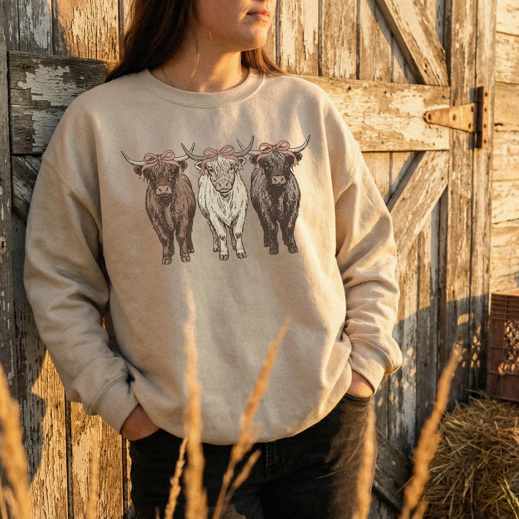 Highland Cow PNG Trio With Bows, Cute Farm Animal Design - 300 DPI Design