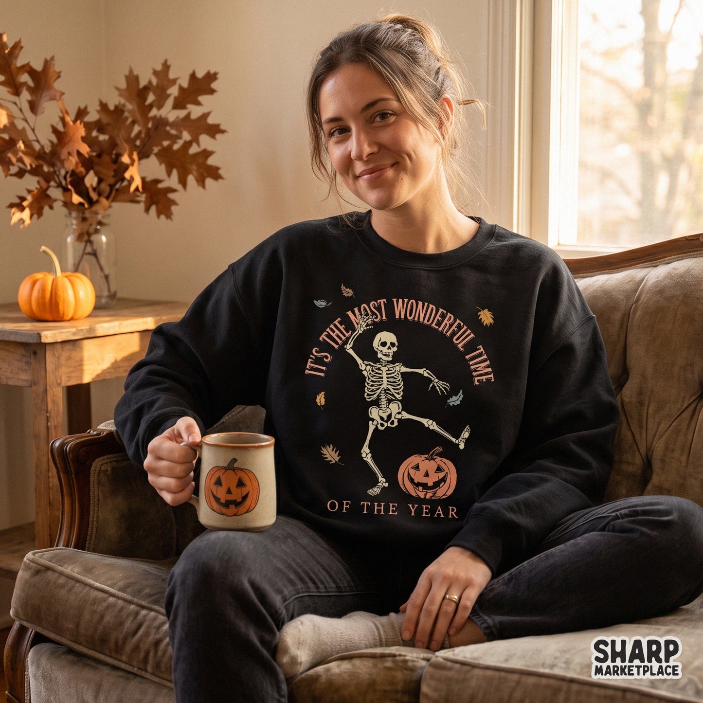 Dancing skeleton with pumpkin head in a retro halloween png design for spooky season shirts and fall decor