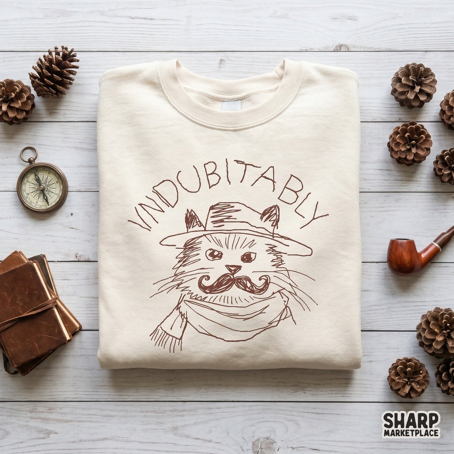 Whimsical digital sketch of a sophisticated feline in a top hat and scarf, perfect for sublimation, stickers, or custom apparel projects.
