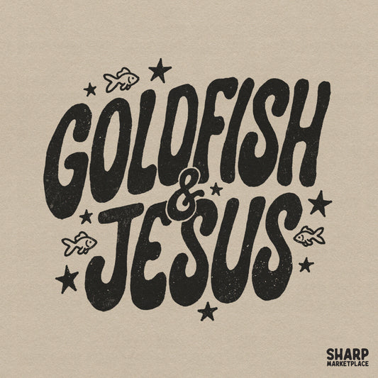 Retro faith graphic featuring bold bubbly typography reading Goldfish and Jesus with whimsical line art fish and star accents in a distressed ink style