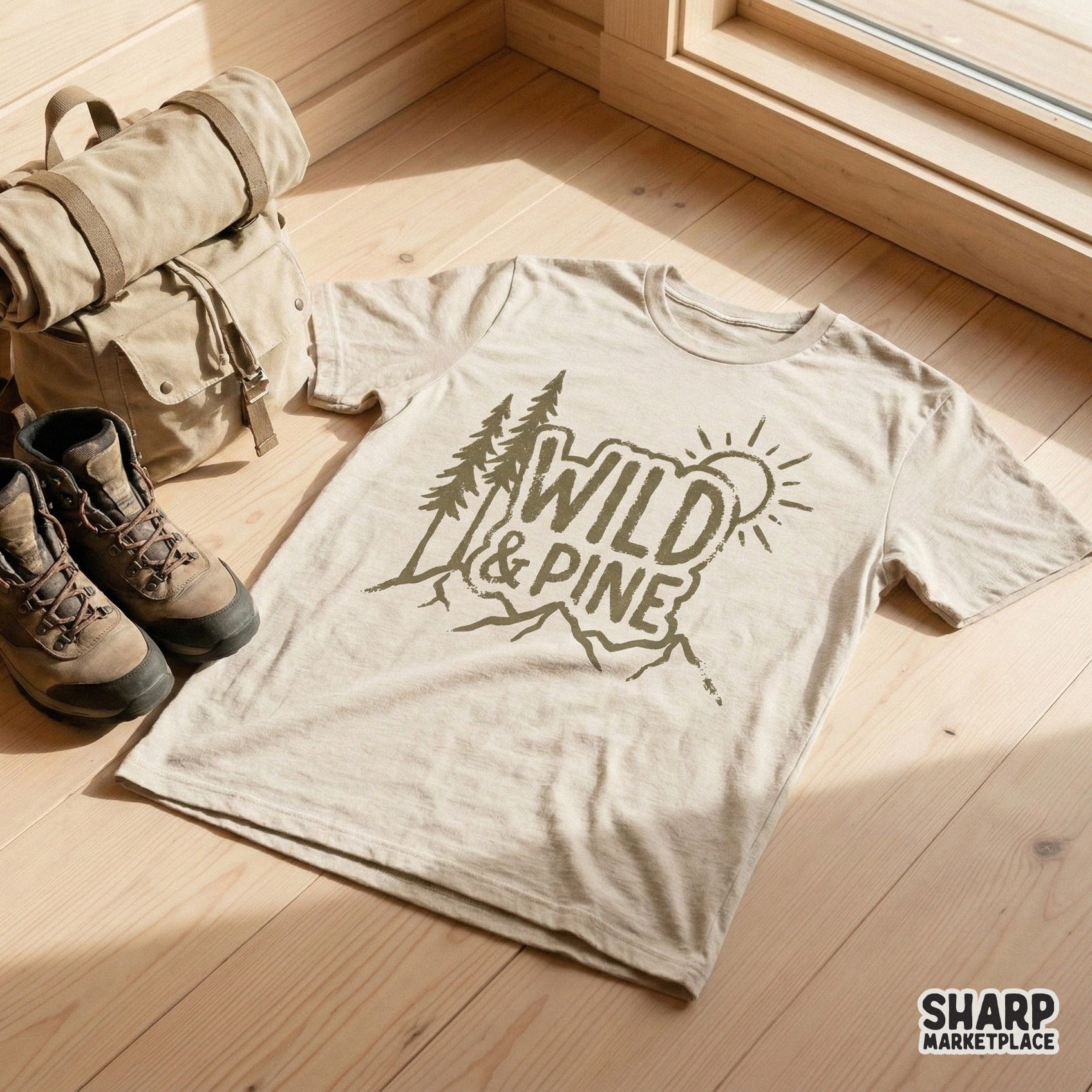 Vintage style mountain and forest graphic with Wild and Pine lettering, ideal for DIY nature-themed projects, tumblers, and rustic wall art prints.