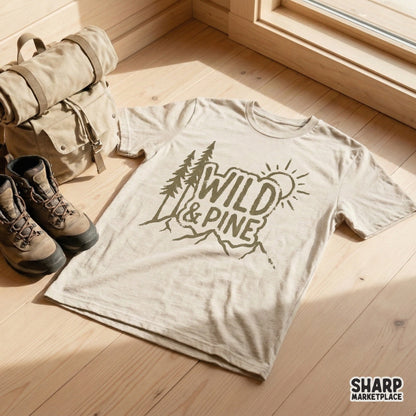 Vintage style mountain and forest graphic with Wild and Pine lettering, ideal for DIY nature-themed projects, tumblers, and rustic wall art prints.