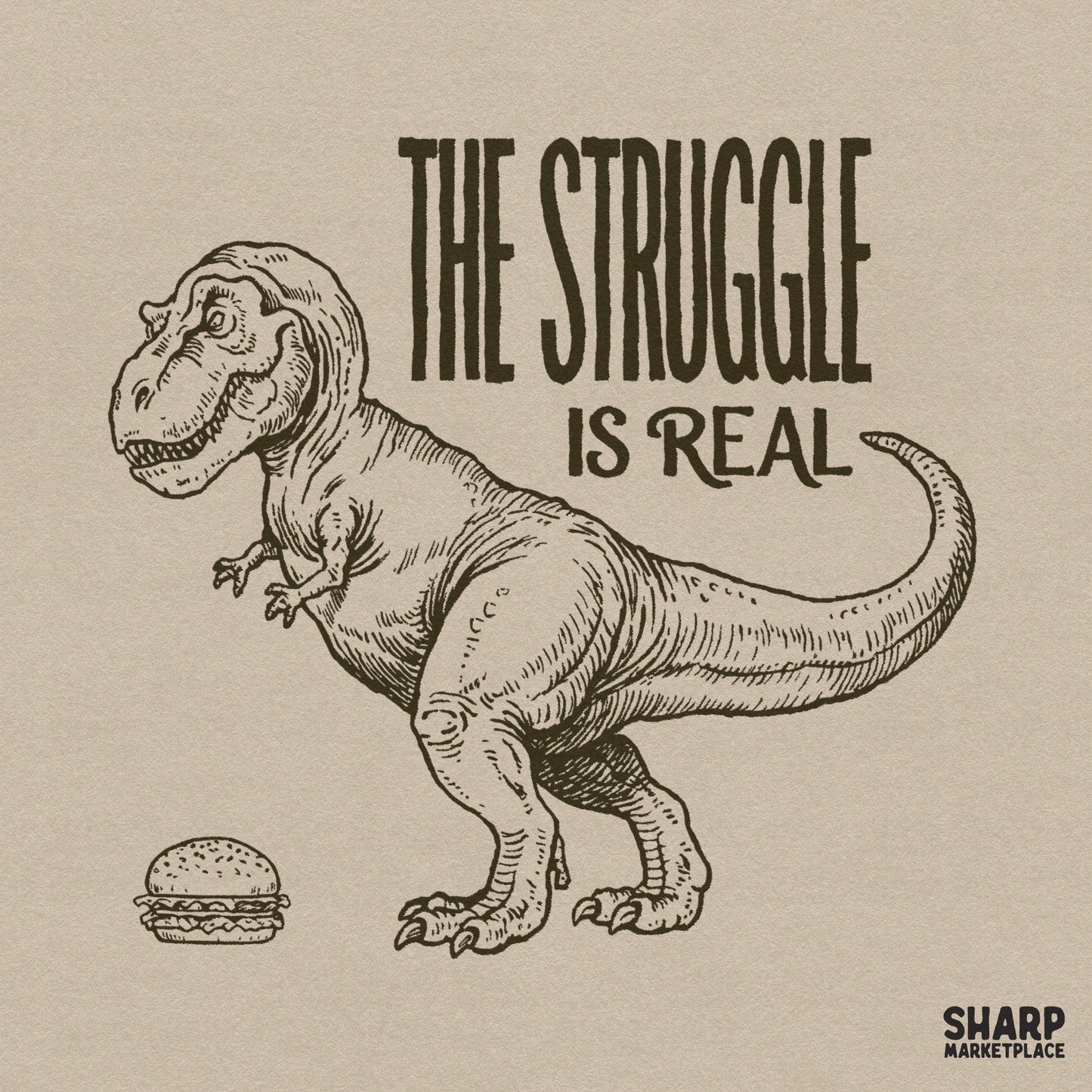 Funny T-Rex dinosaur trying to eat a burger meme in a retro style for trendy custom shirts and apparel sublimation
