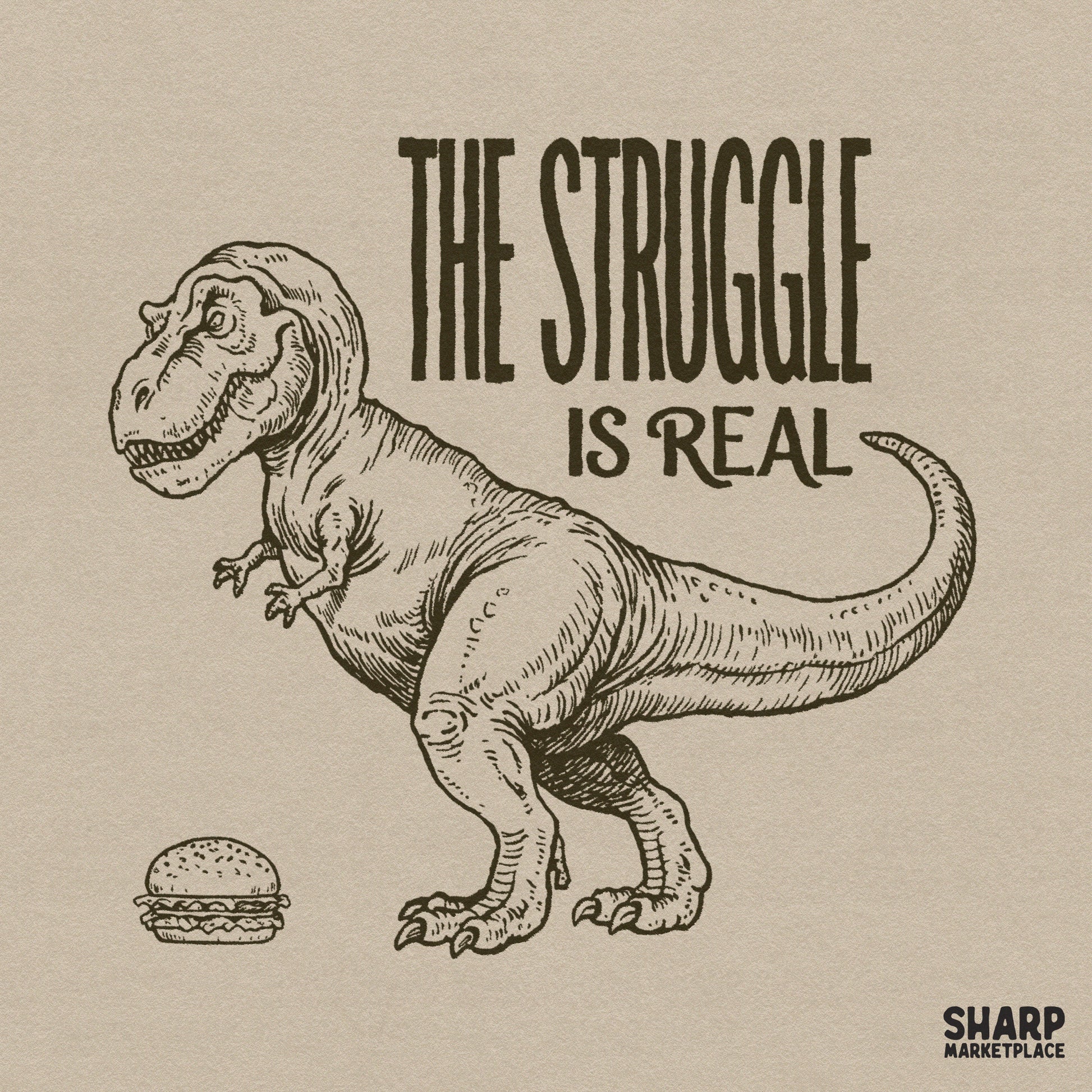 Funny T-Rex dinosaur trying to eat a burger meme in a retro style for trendy custom shirts and apparel sublimation