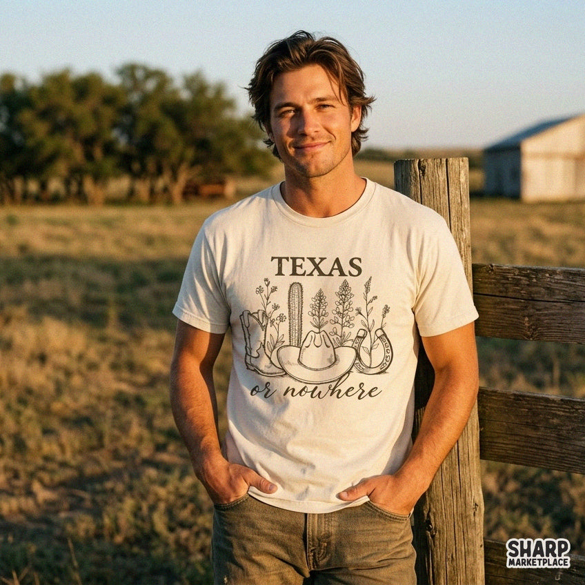 Vintage Texas or Nowhere western png graphic featuring cowboy boots, hat, and desert cactus art for t-shirt printing