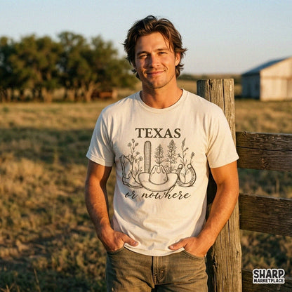 Vintage Texas or Nowhere western png graphic featuring cowboy boots, hat, and desert cactus art for t-shirt printing