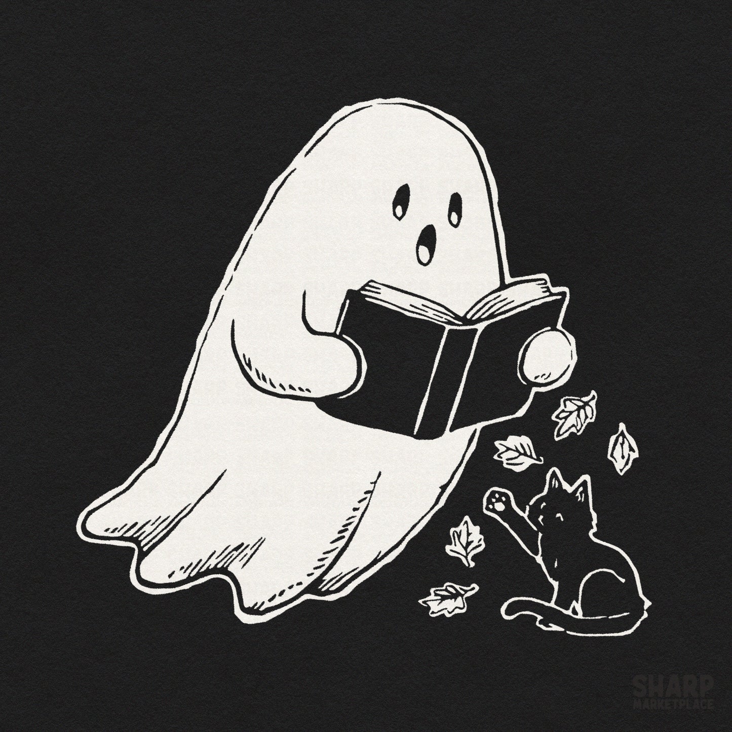 Cute ghost reading a book with a black cat and autumn leaves cozy Halloween sublimation PNG design