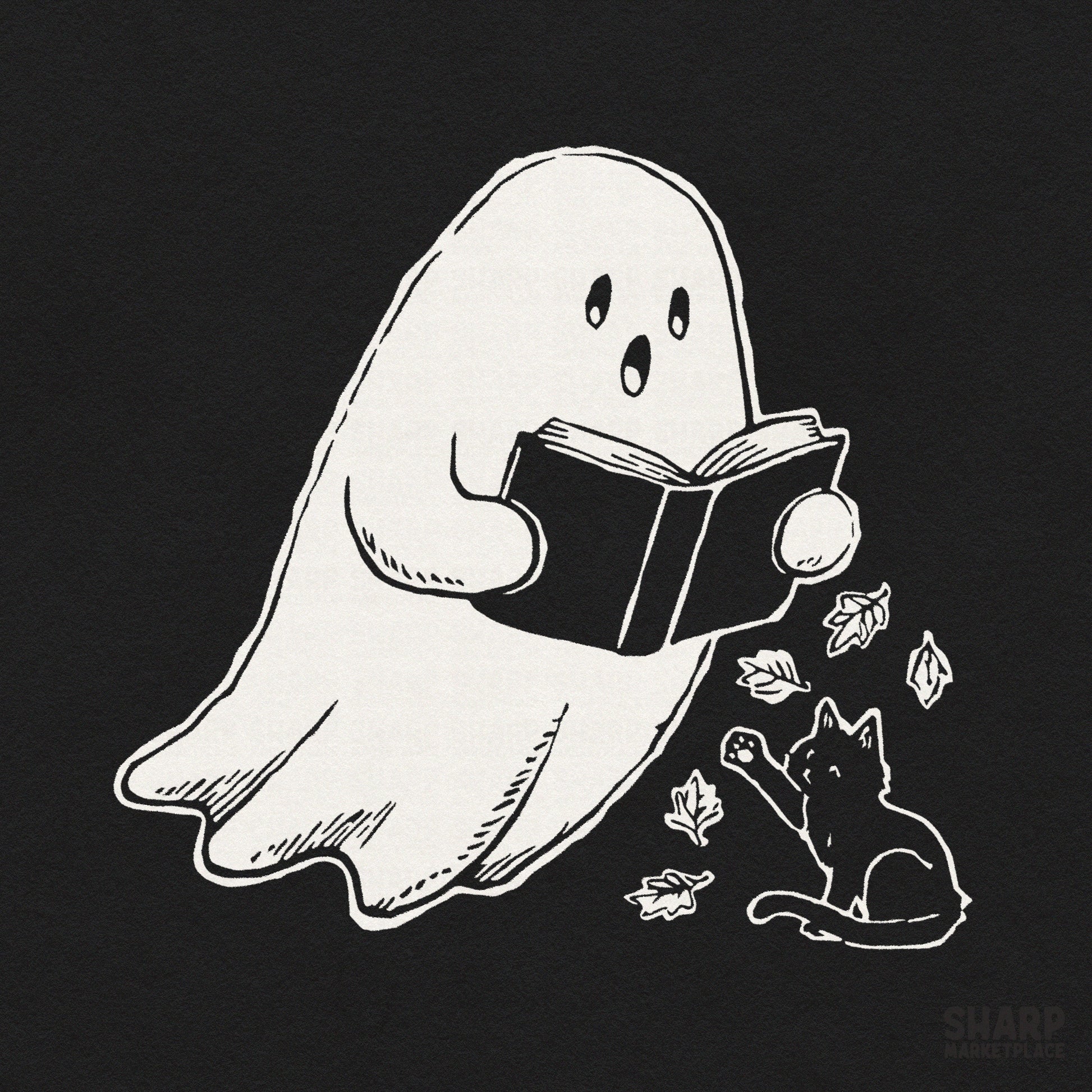 Cute ghost reading a book with a black cat and autumn leaves cozy Halloween sublimation PNG design