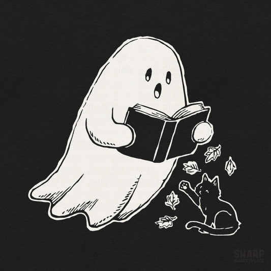 Cute ghost reading a book with a black cat and autumn leaves cozy Halloween sublimation PNG design