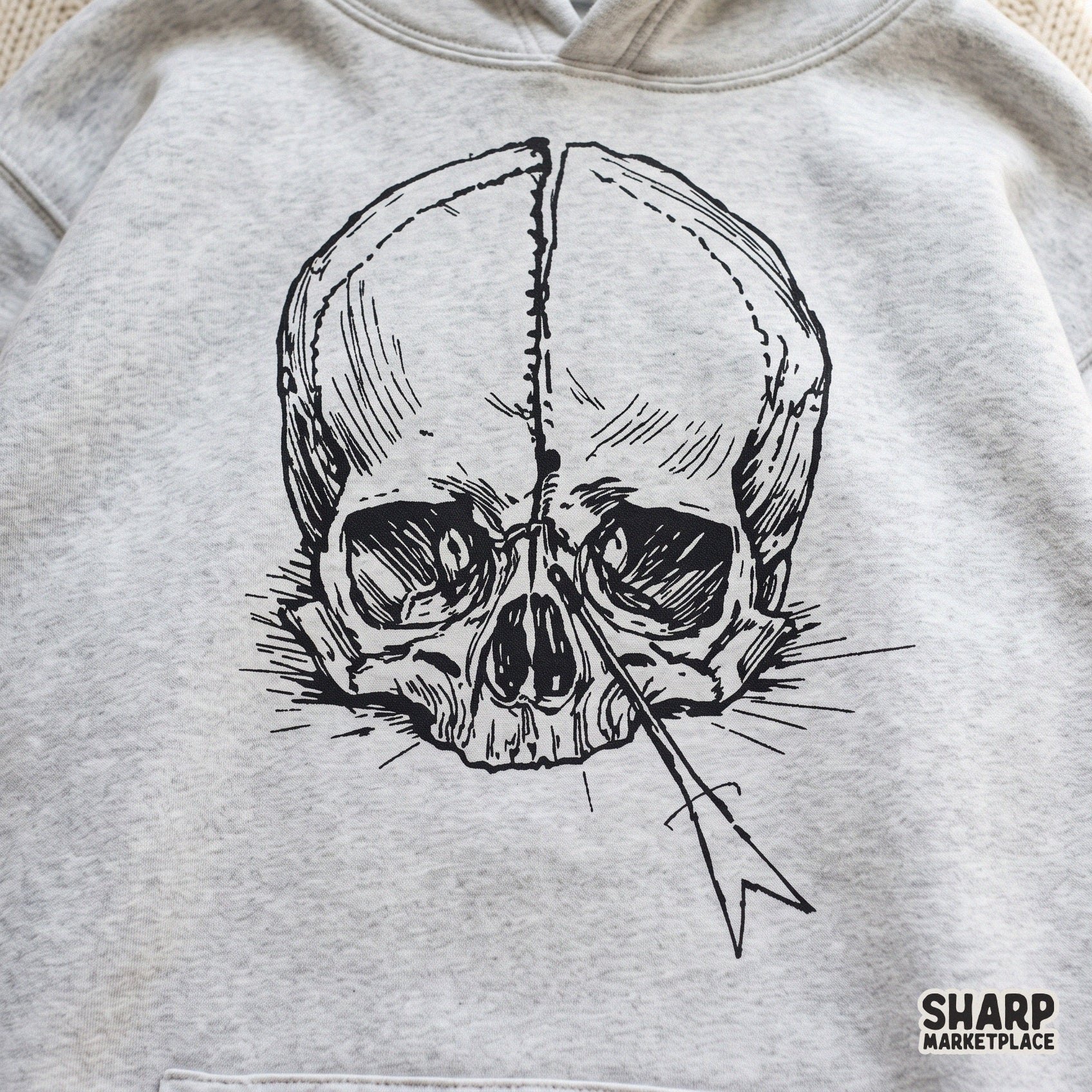Vintage pierced skull sketch in a dark gothic illustration style for retro Halloween sublimation and apparel designs