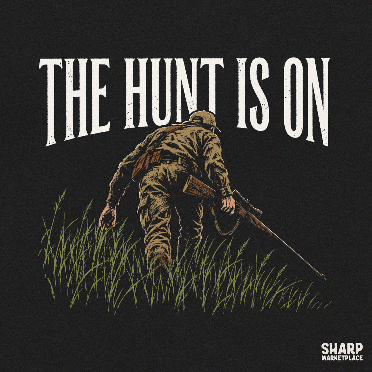 Retro hunter walking in tall grass autumn sublimation design perfect for outdoorsman t-shirts and gifts