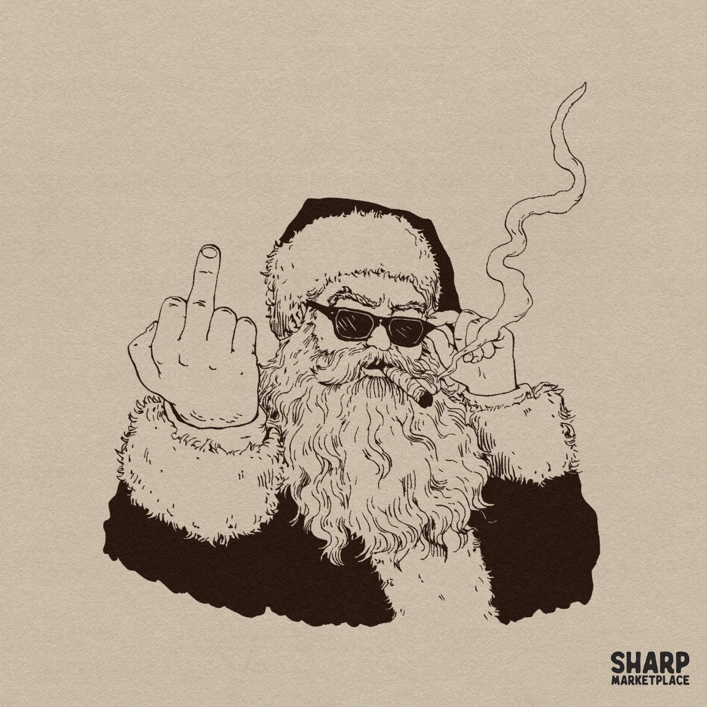 Rebel Santa smoking cigar and showing middle finger sarcastic Christmas PNG for edgy holiday shirts and sublimation designs