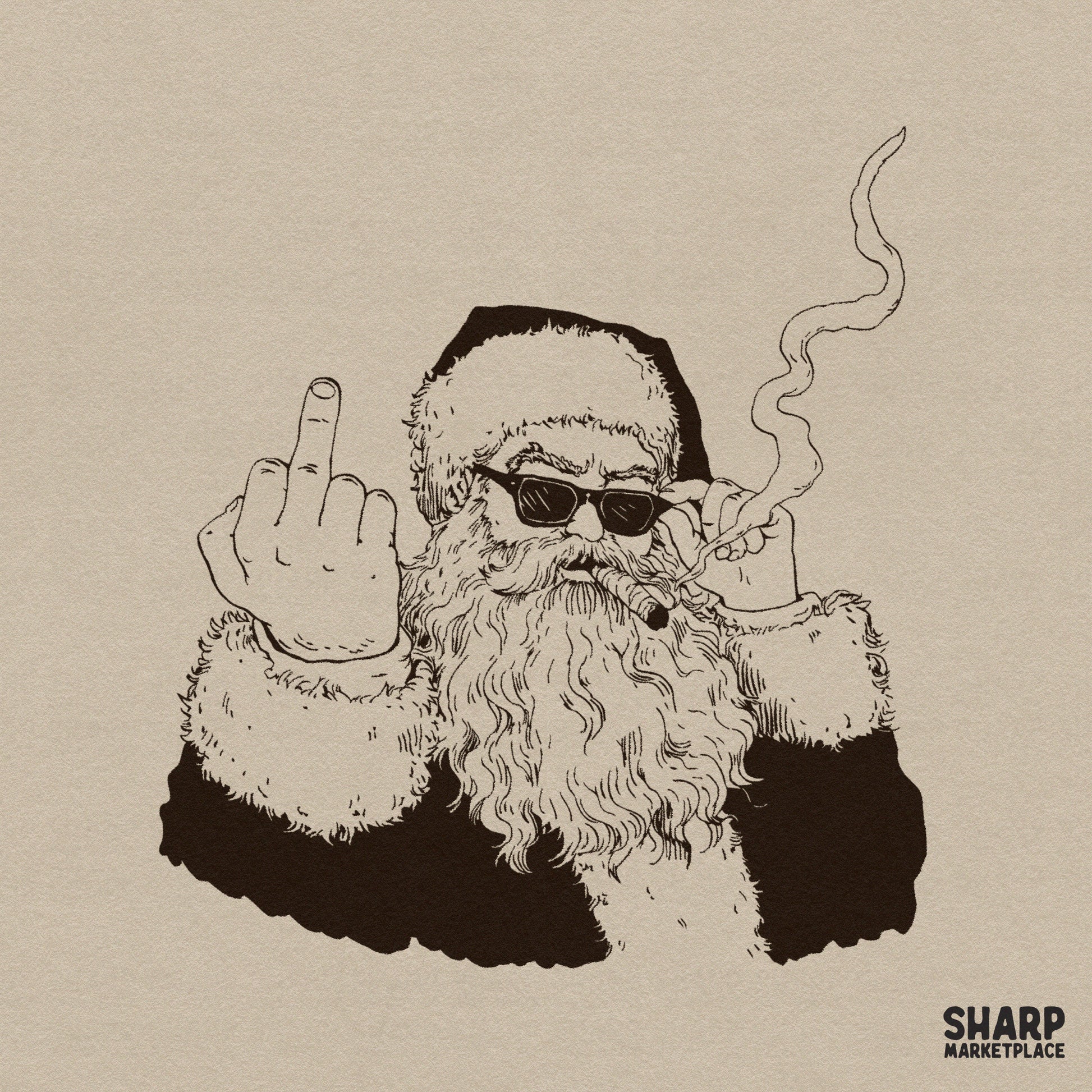 Rebel Santa smoking cigar and showing middle finger sarcastic Christmas PNG for edgy holiday shirts and sublimation designs