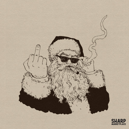 Rebel Santa smoking cigar and showing middle finger sarcastic Christmas PNG for edgy holiday shirts and sublimation designs