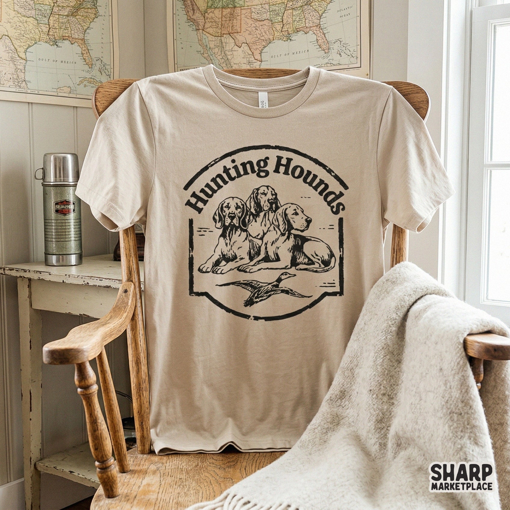 Black and white Hunting Hounds graphic with a vintage sportsman aesthetic, ideal for custom stickers, tumblers, and rugged outdoor themed DIY projects.