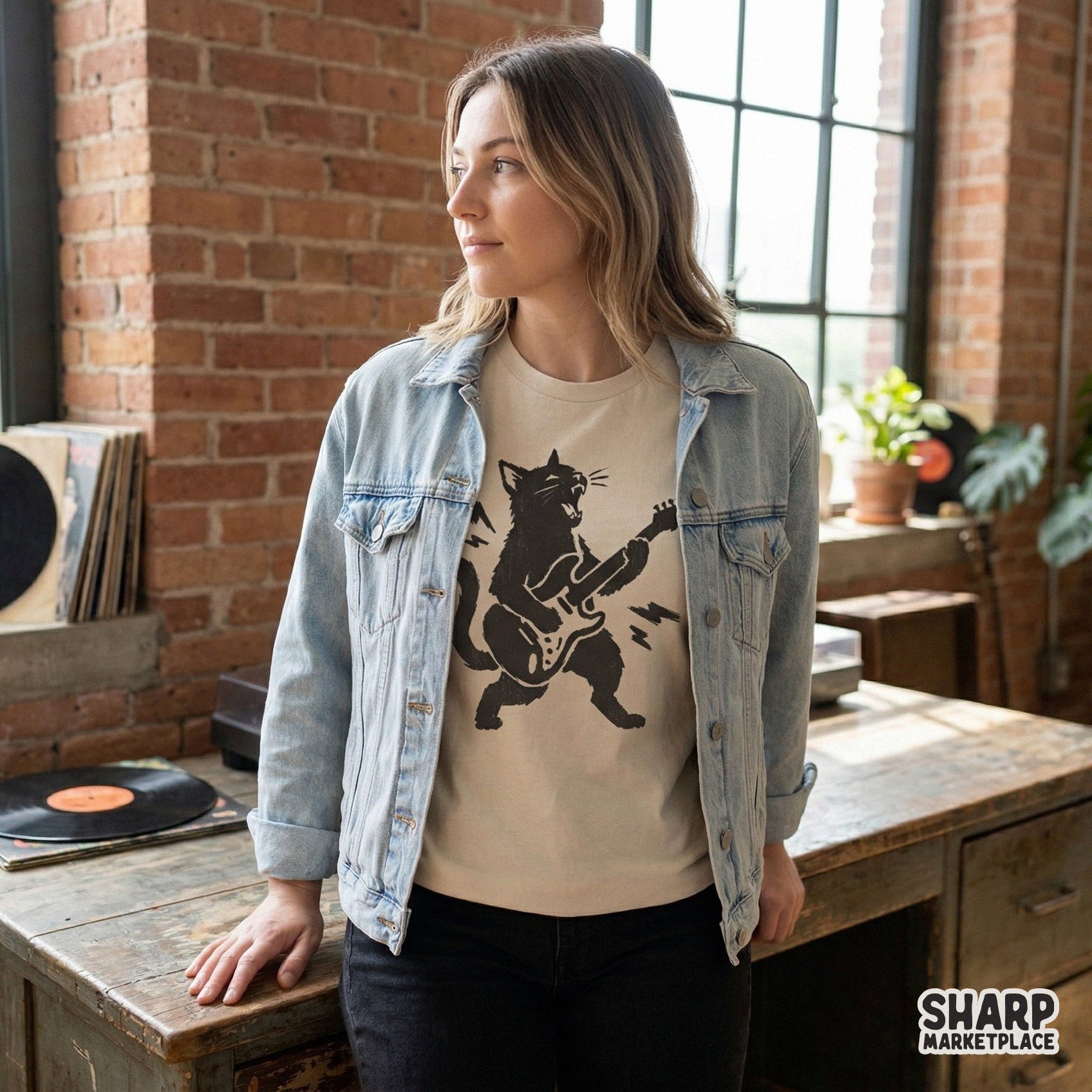 Edgy feline guitar player graphic with a distressed texture, suitable for DIY sublimation, heat transfers, and creative music-inspired wall art.