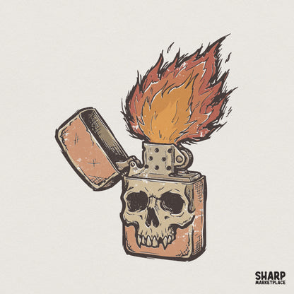 Skull Lighter PNG, Vintage Flame Clipart - 300 DPI Design for T-Shirt