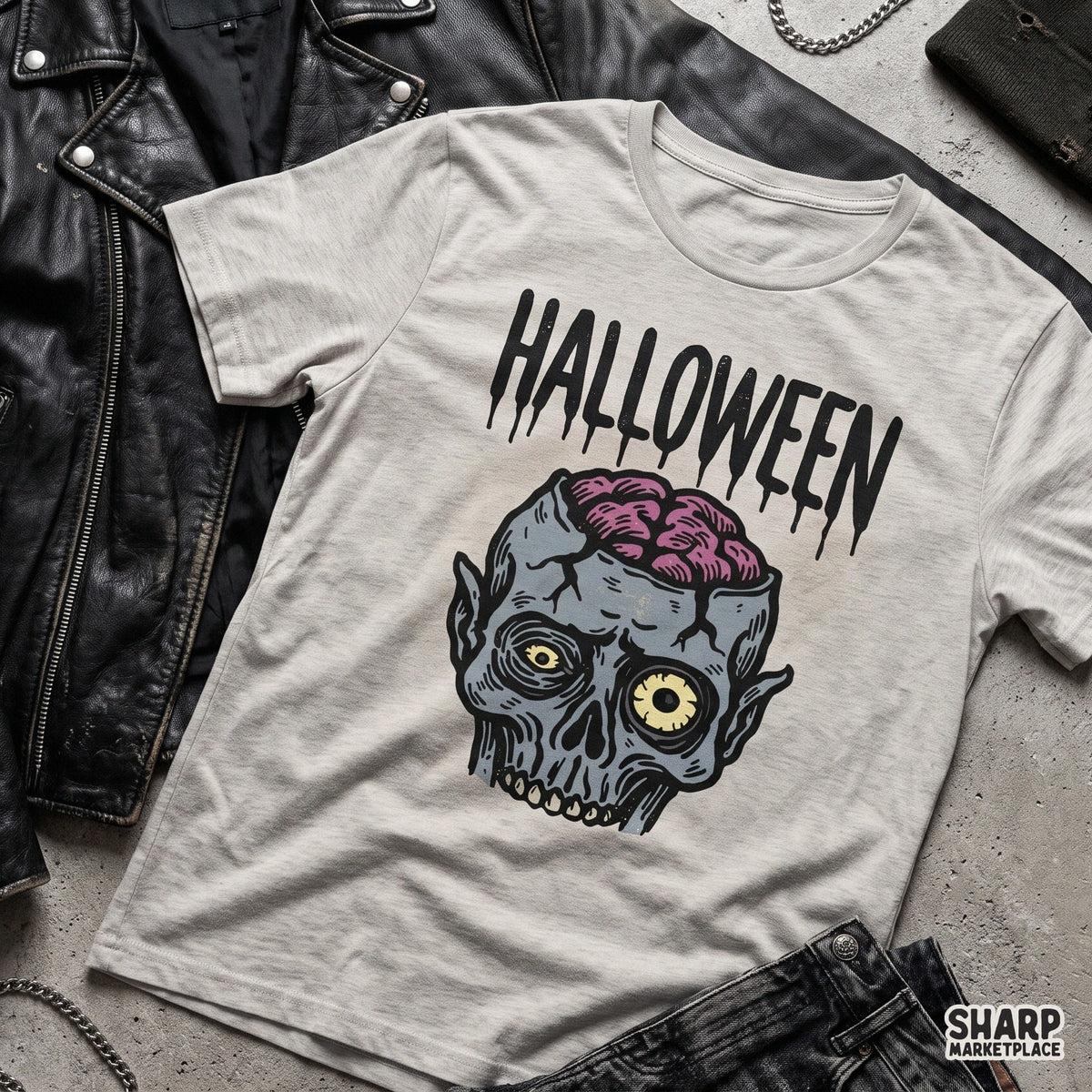Trendy zombie brain exposed PNG shirt design for spooky season apparel and sublimation printing