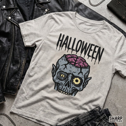 Trendy zombie brain exposed PNG shirt design for spooky season apparel and sublimation printing