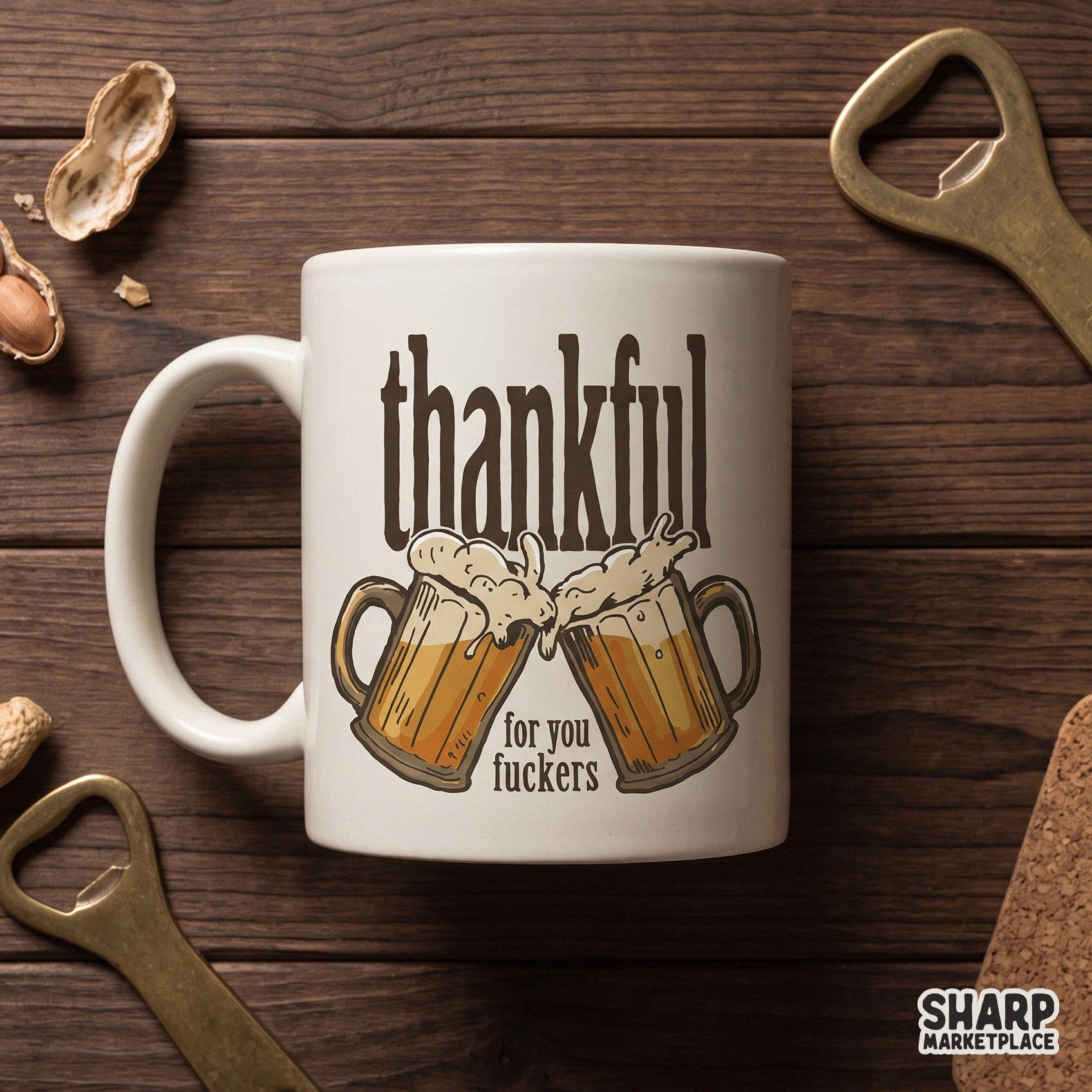Retro Thanksgiving sublimation design featuring sarcastic beer mugs and funny quote for adult humor apparel and gifts