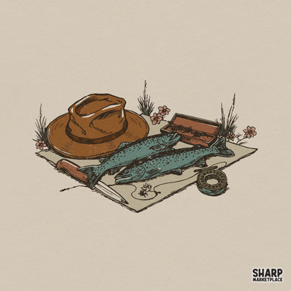 Vintage fishing still life illustration with two trout, a fedora, tackle box, reel, and knife, perfect for rustic outdoor apparel and sublimation.