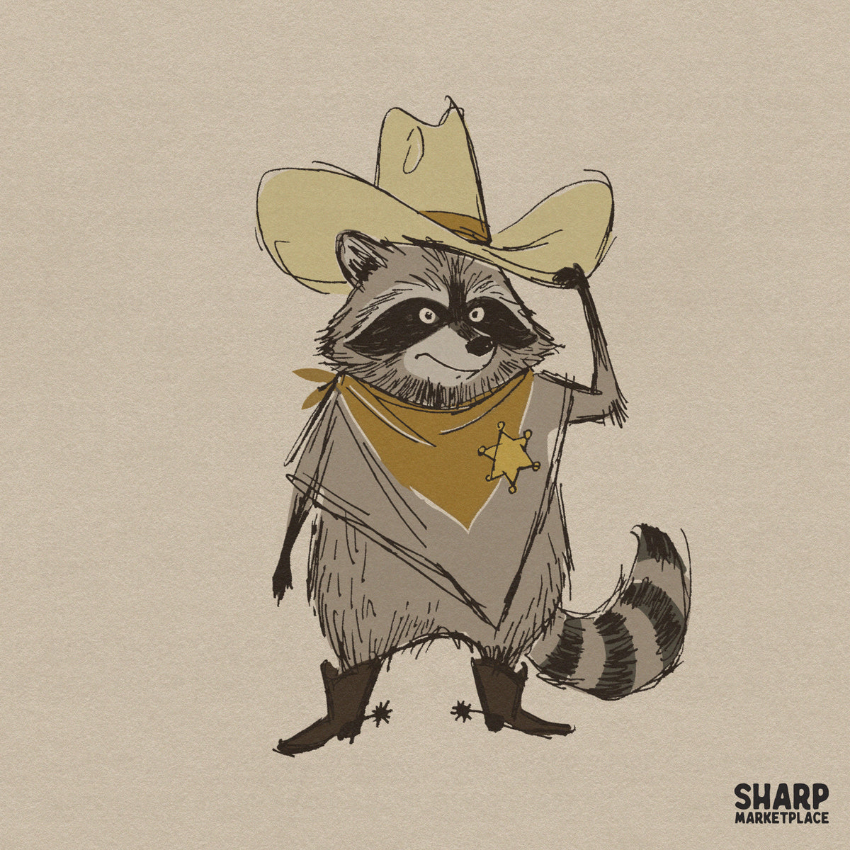 Hand-drawn illustration of a raccoon wearing a cowboy hat, sheriff badge, bandana, and spurs for western-themed sublimation and apparel projects