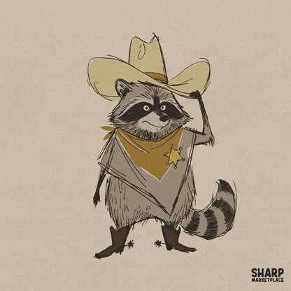 Hand-drawn illustration of a raccoon wearing a cowboy hat, sheriff badge, bandana, and spurs for western-themed sublimation and apparel projects