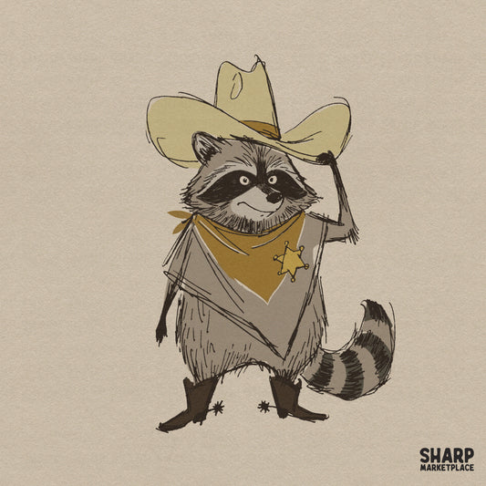 Hand-drawn illustration of a raccoon wearing a cowboy hat, sheriff badge, bandana, and spurs for western-themed sublimation and apparel projects