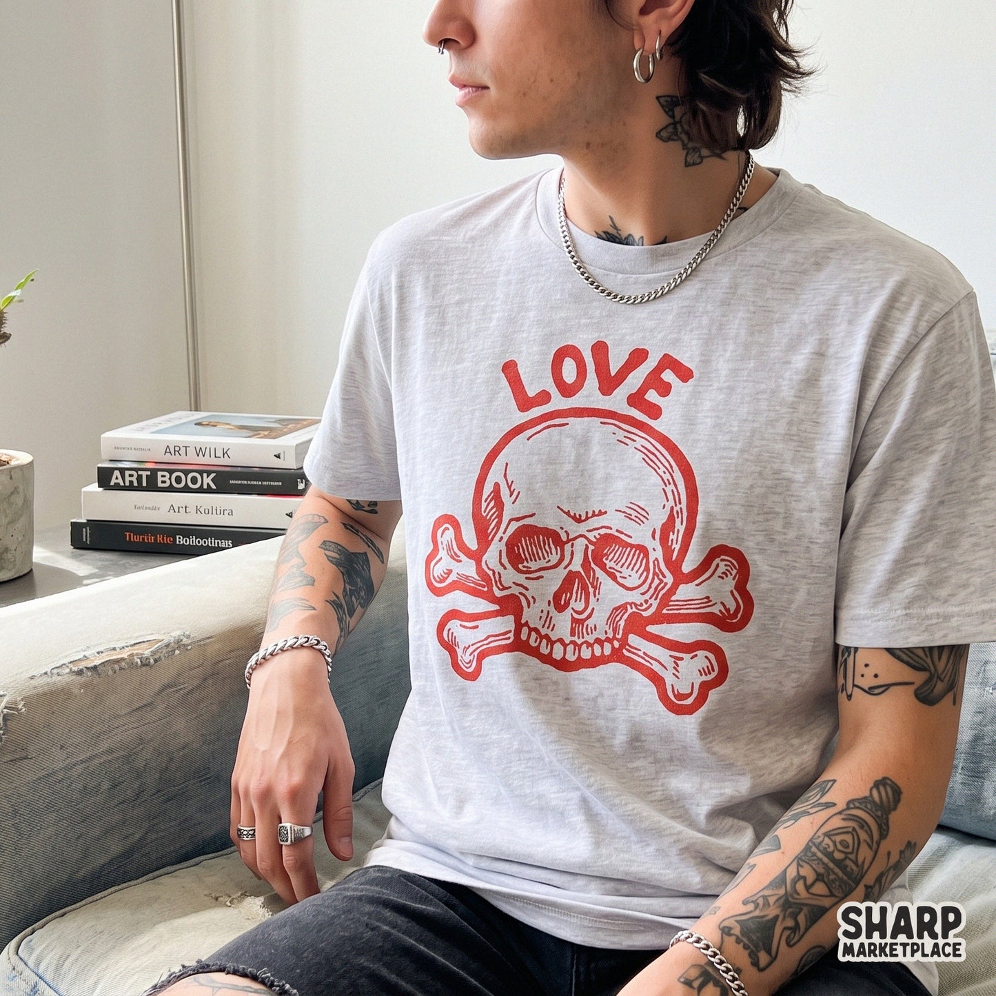 Gothic LOVE skull and crossbones sublimation design for retro Valentine's Day shirts and spooky digital crafts