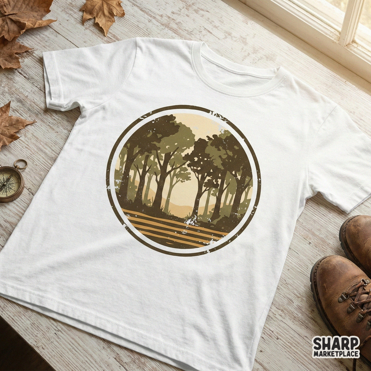 Retro woodland landscape design in a circular frame, showcasing a distressed forest aesthetic perfect for custom t-shirt prints and outdoor gear.
