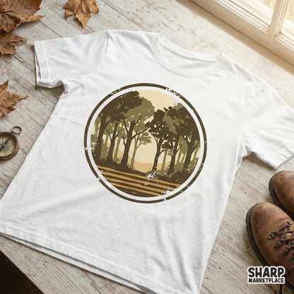 Retro woodland landscape design in a circular frame, showcasing a distressed forest aesthetic perfect for custom t-shirt prints and outdoor gear.