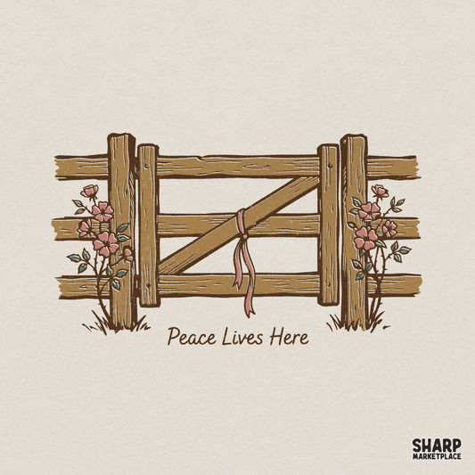 Rustic wooden garden gate illustration with pink flowers and a ribbon, featuring the handwritten text Peace Lives Here in a cottagecore style.